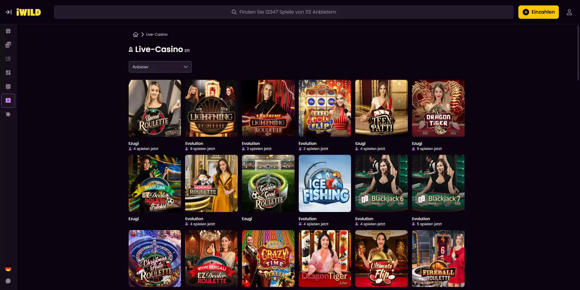 iWild Live-Casino-Lobby mit Spielkategorien
