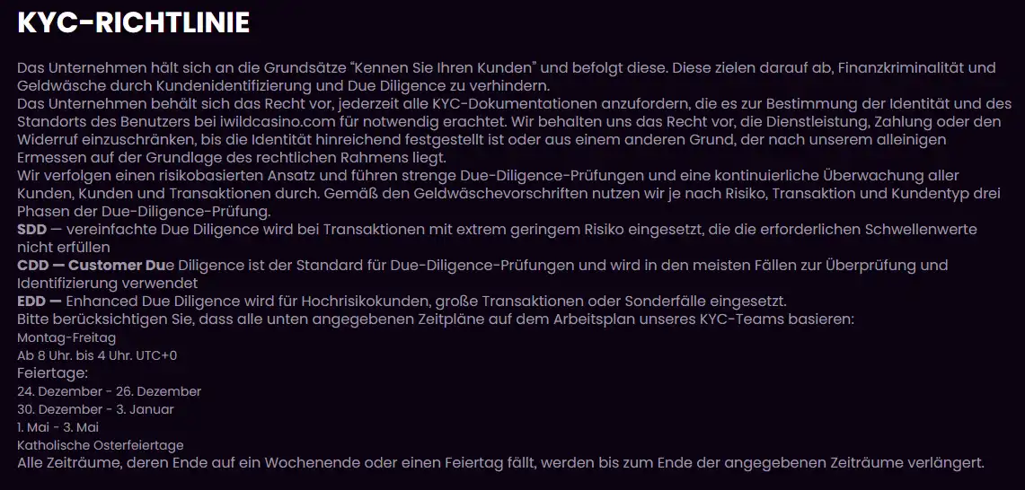 iWild Kontobereich für Verifizierung und KYC