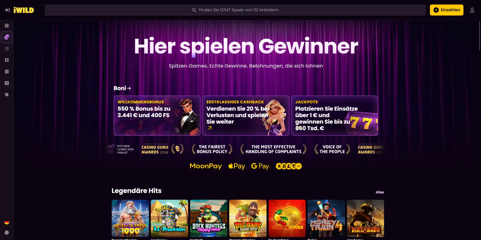 iWild Startseite mit Navigation und Casino-Lobby